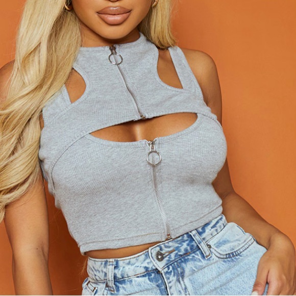 Grey Zip Up Crop Top - Picture 1 of 3